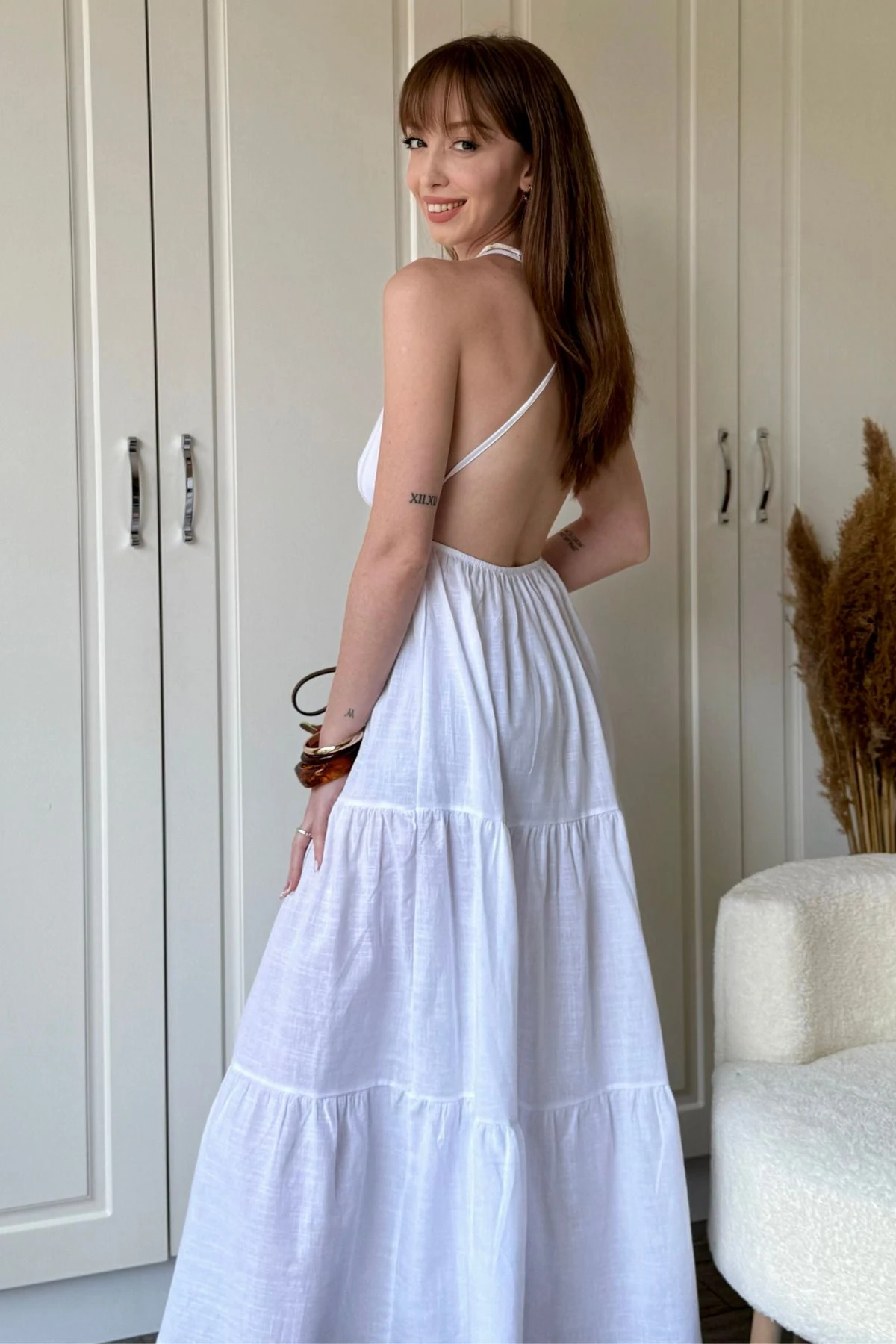 Keten Sırt Detaylı Midi Elbise