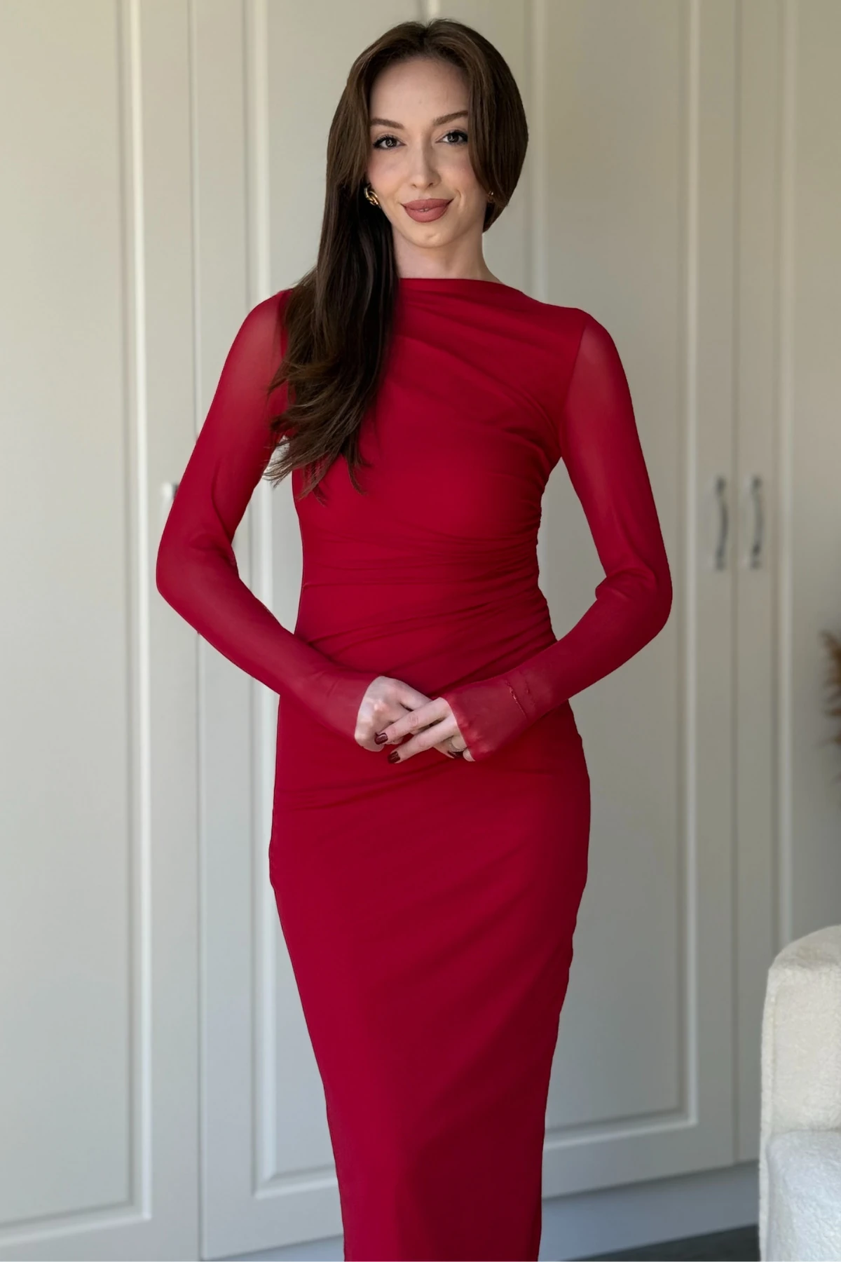 Drapeli Uzun Kol Kırmızı Midi Tül Elbise