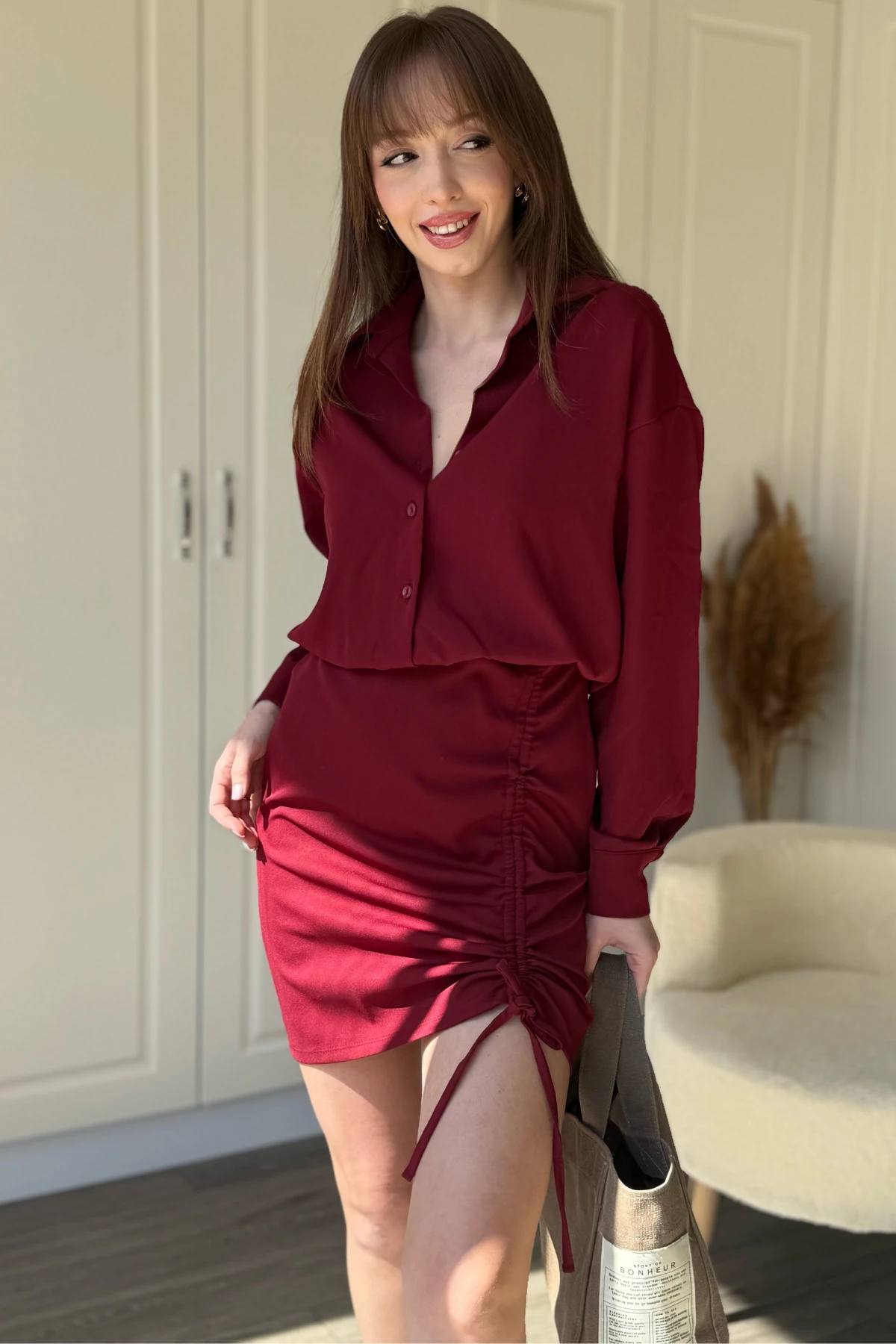 Eteği Ayarlanabilir Büzgülü Bordo Gömlek Elbise