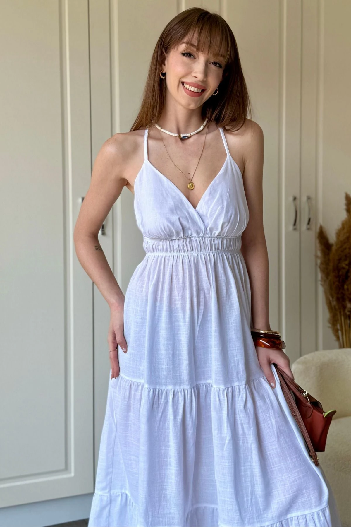 Keten Sırt Detaylı Midi Elbise