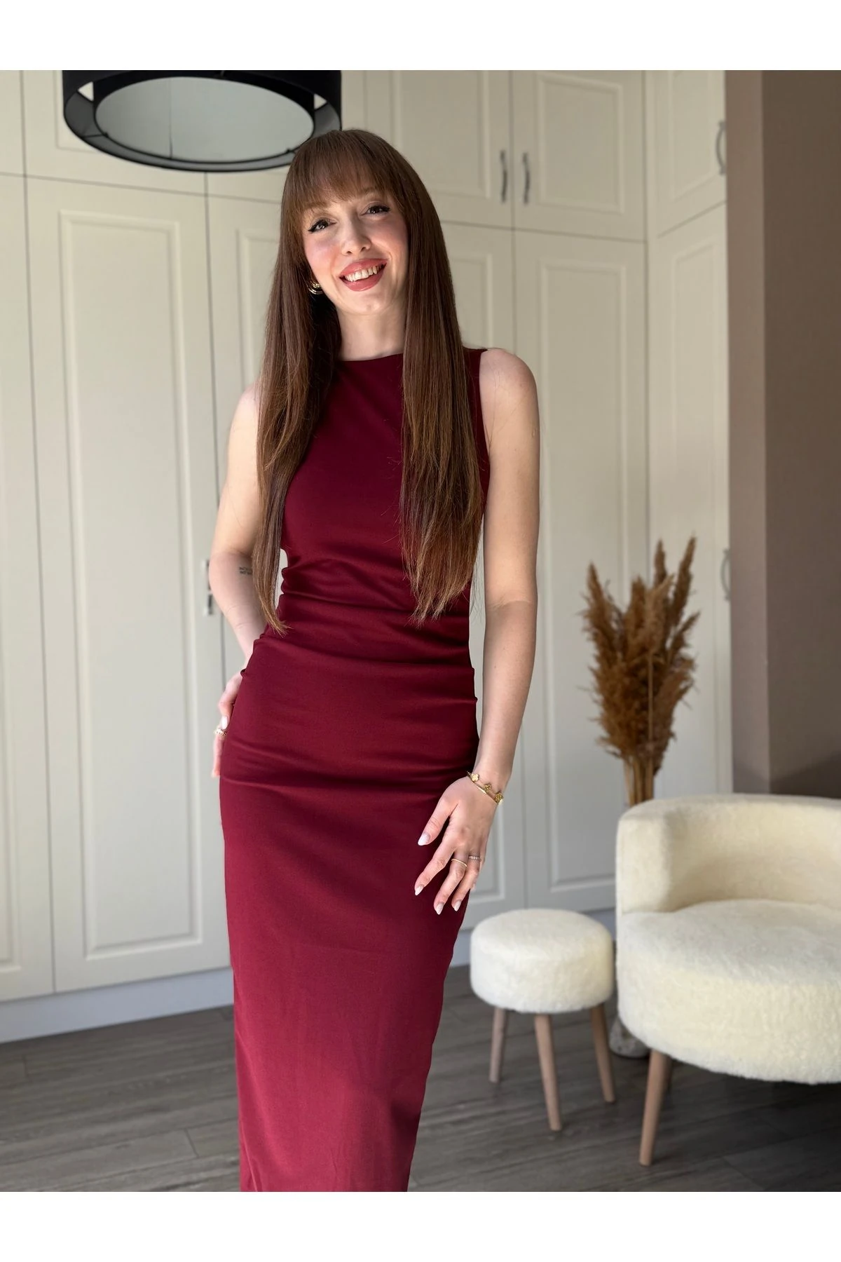 Drapeli Midi Askılı Sırt Detaylı Elbise