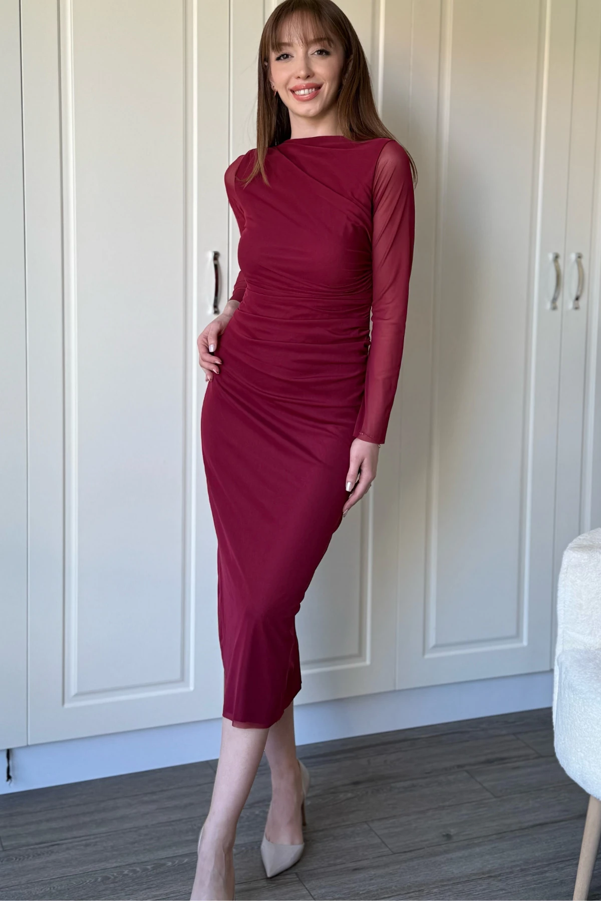 Drapeli Uzun Kollu Bordo Tül Elbise