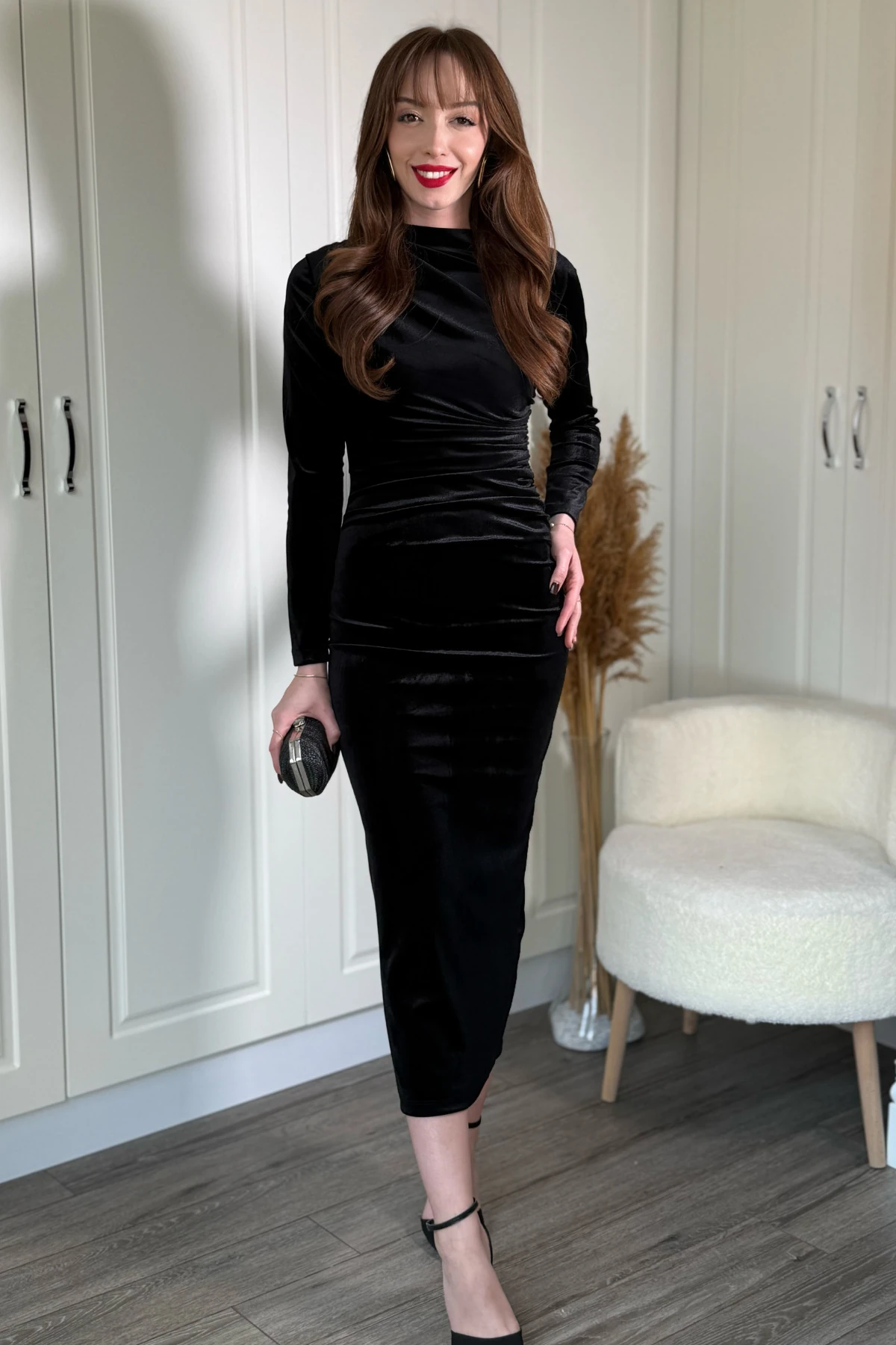 Kadife Drapeli Zarif Midi Elbise