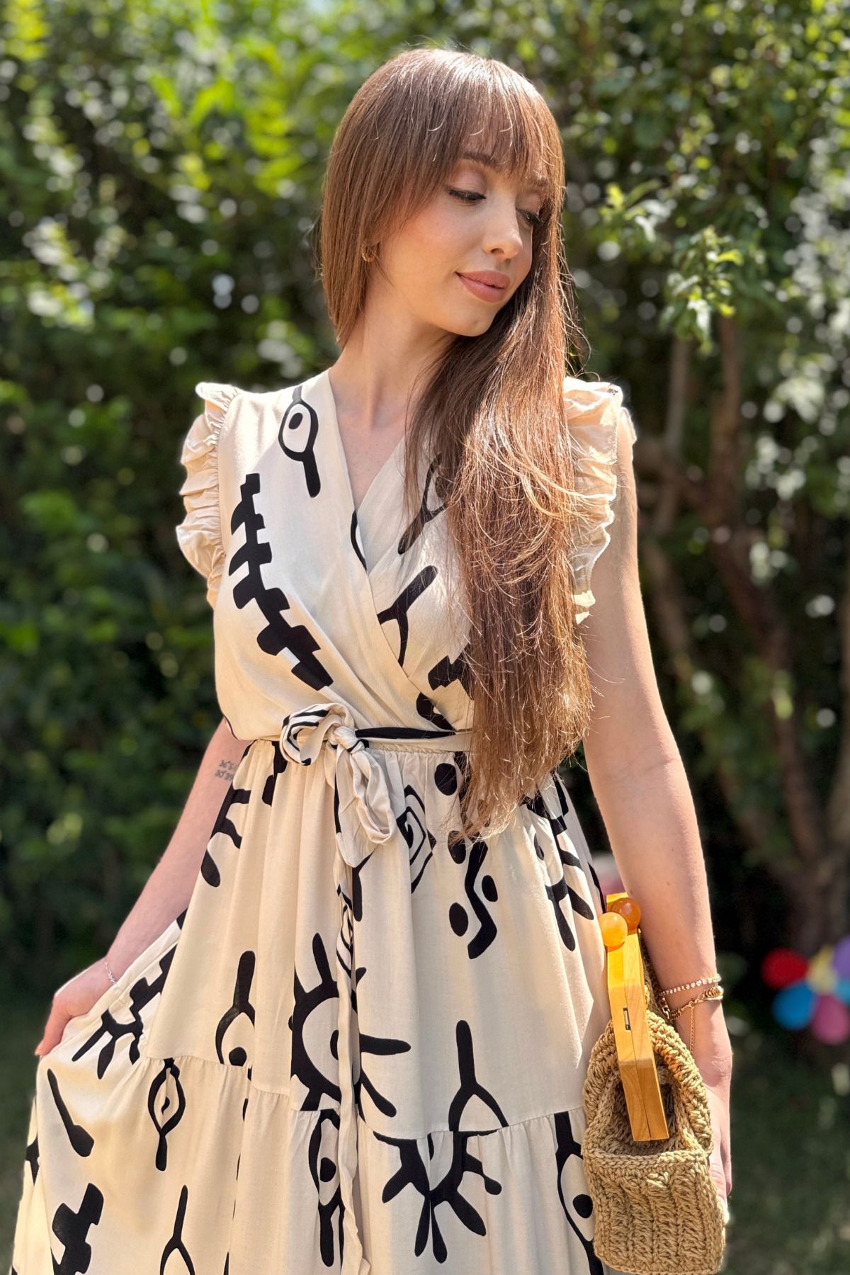 Kruvaze Desenli Midi Elbise