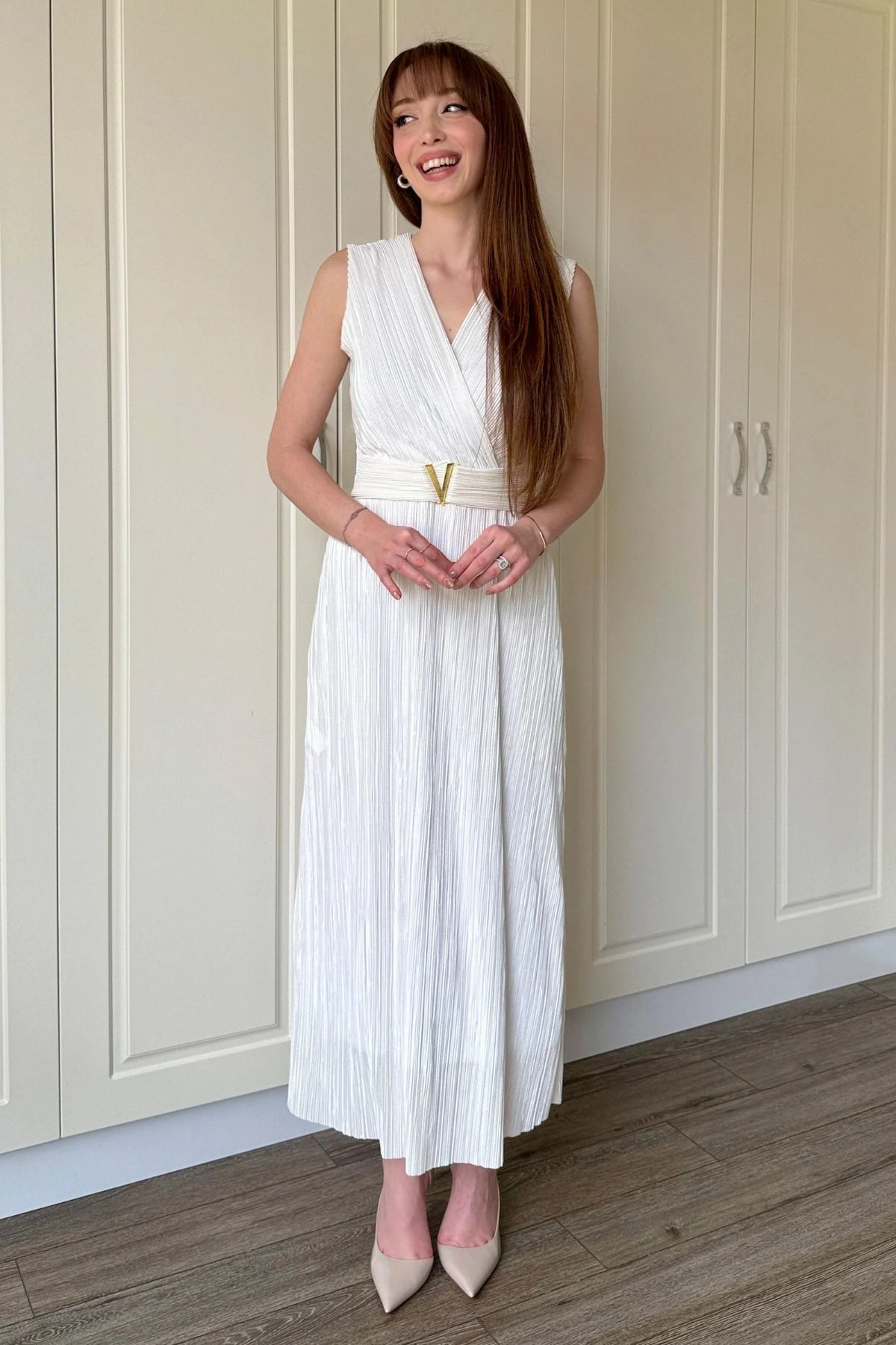 Kruvaze Yaka Krinkıl Midi Tokalı Elbise