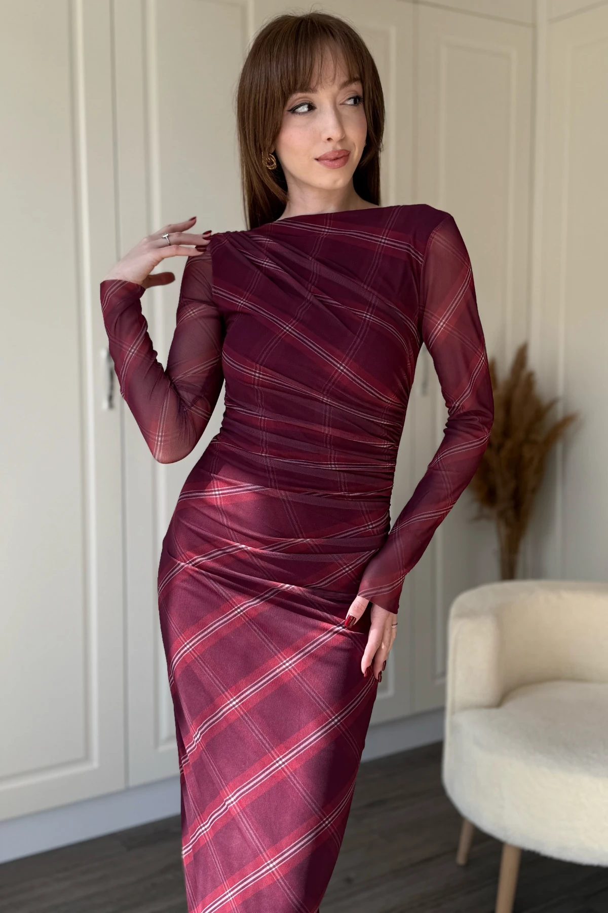 Drapeli Uzun Kol Bordo Çizgili Midi Tül Elbise