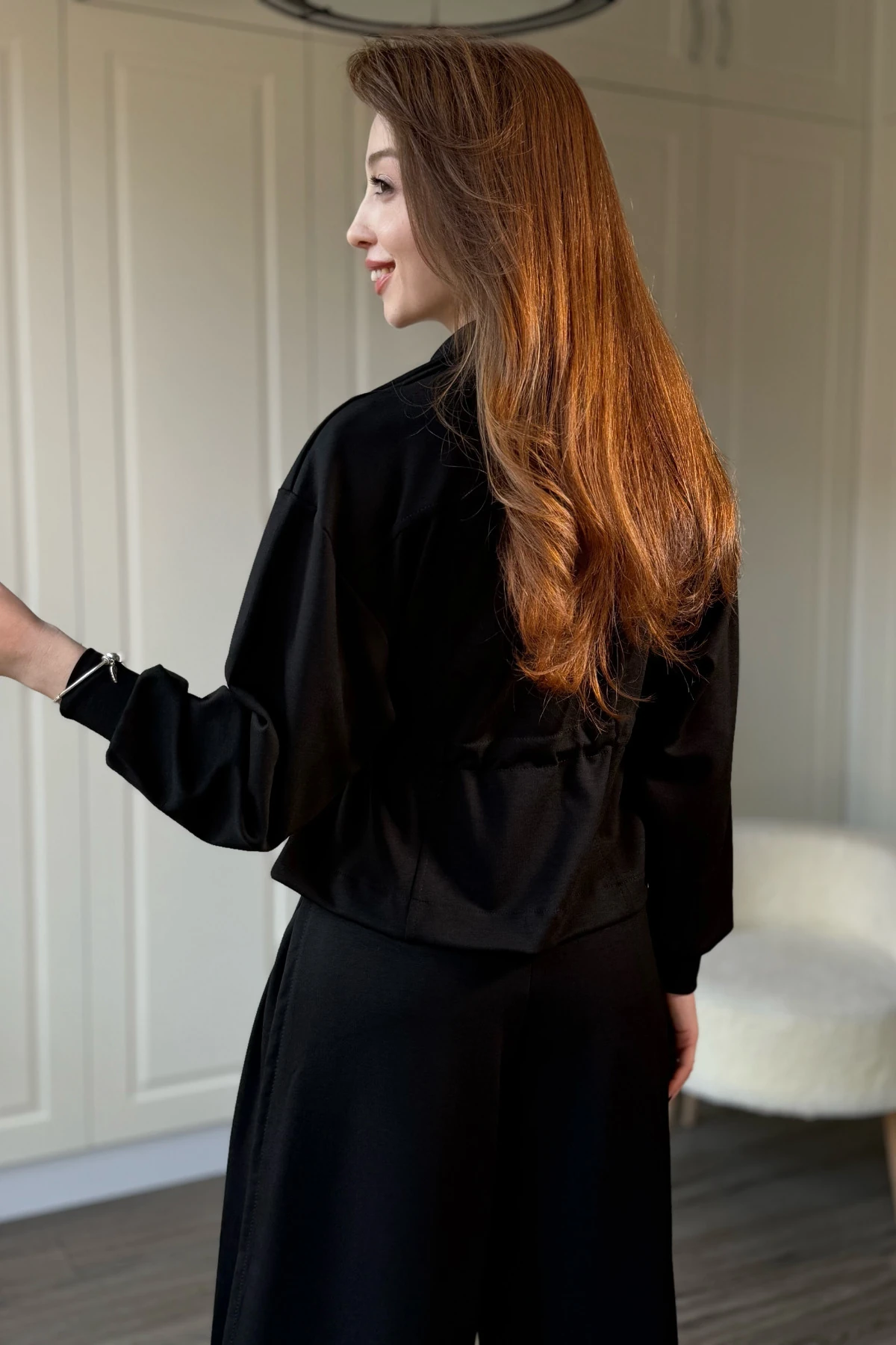 Modal Kumaş Bol Paça Bel Büzgü Detaylı Hırka Pantolon Takım