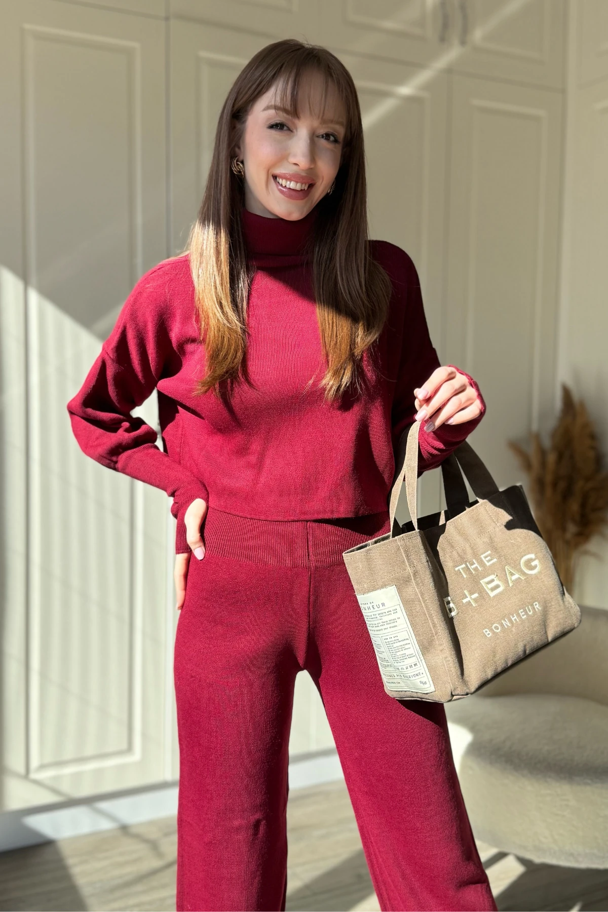 Boğazlı Kol Geçmeli Triko Bordo Takım