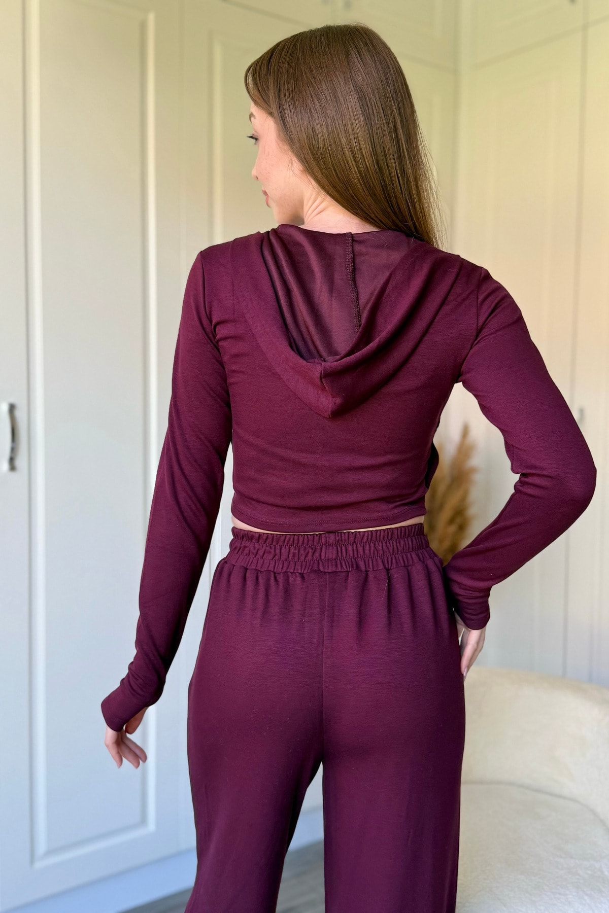 Kapüşonlu Fermuarlı Bordo Crop Hırka Modal Kumaş Takım