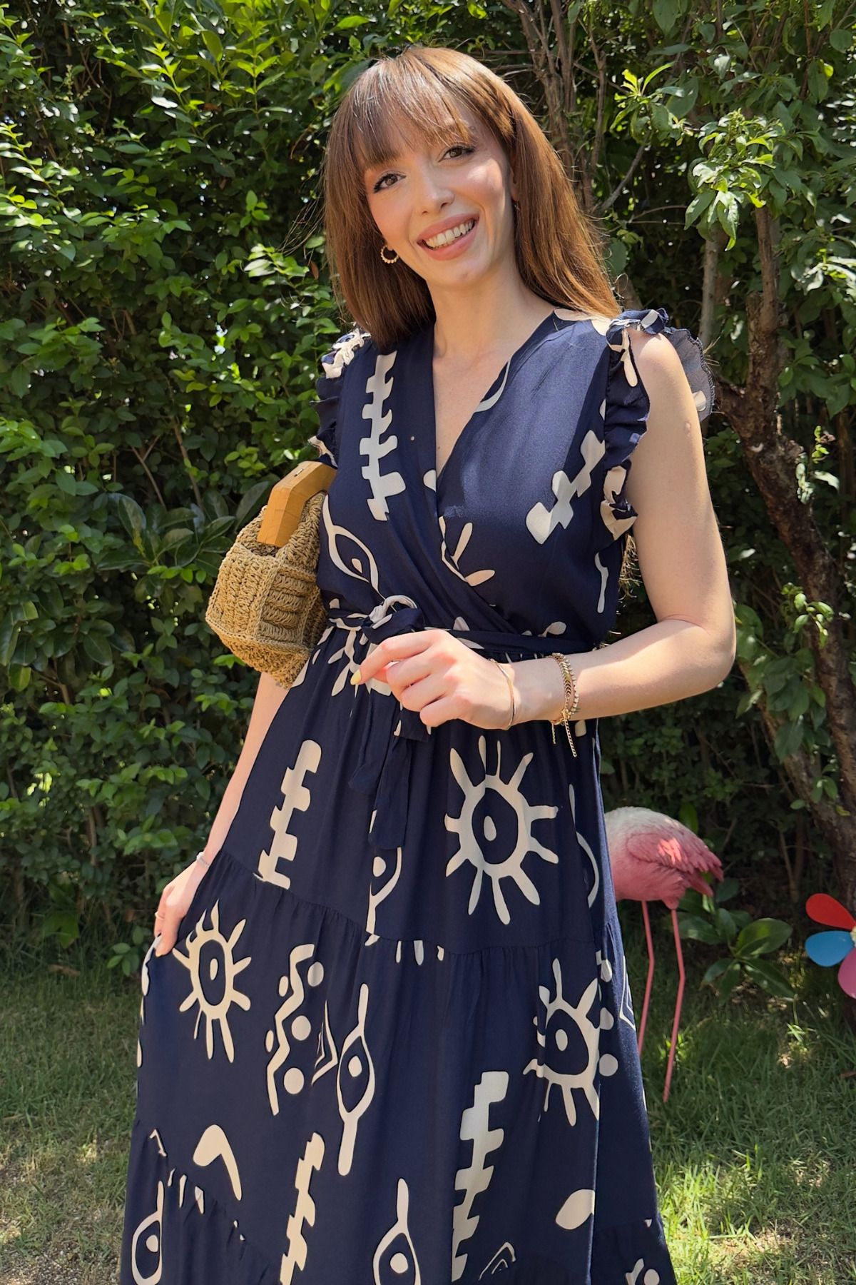 Kruvaze Desenli Midi Elbise