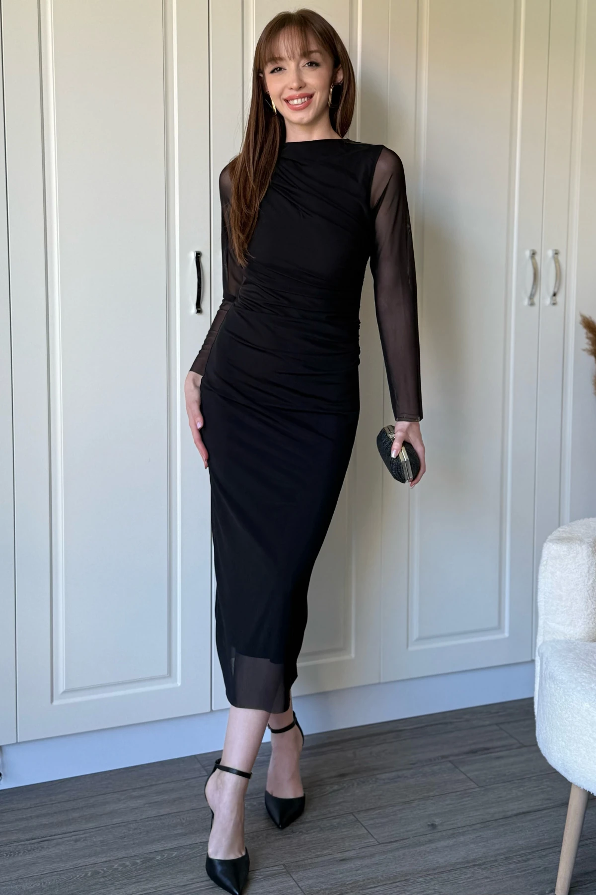 Drapeli Uzun Kollu Siyah Tül Elbise