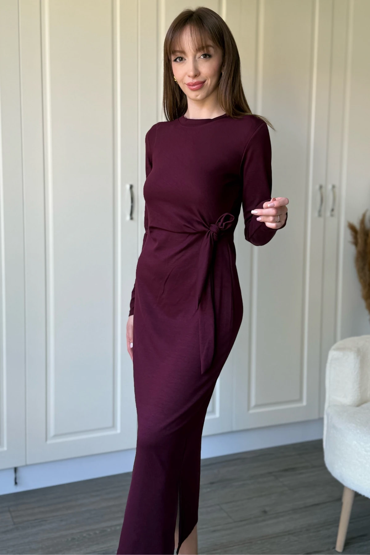 Bağlamalı Modal Uzun Kollu Midi Bordo Elbise