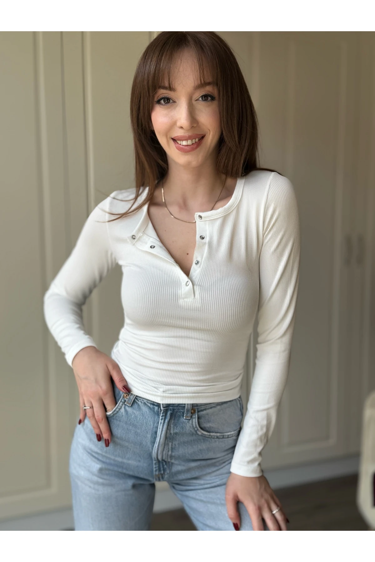 Düğmeli Açılabilir Ribana Kumaş Body