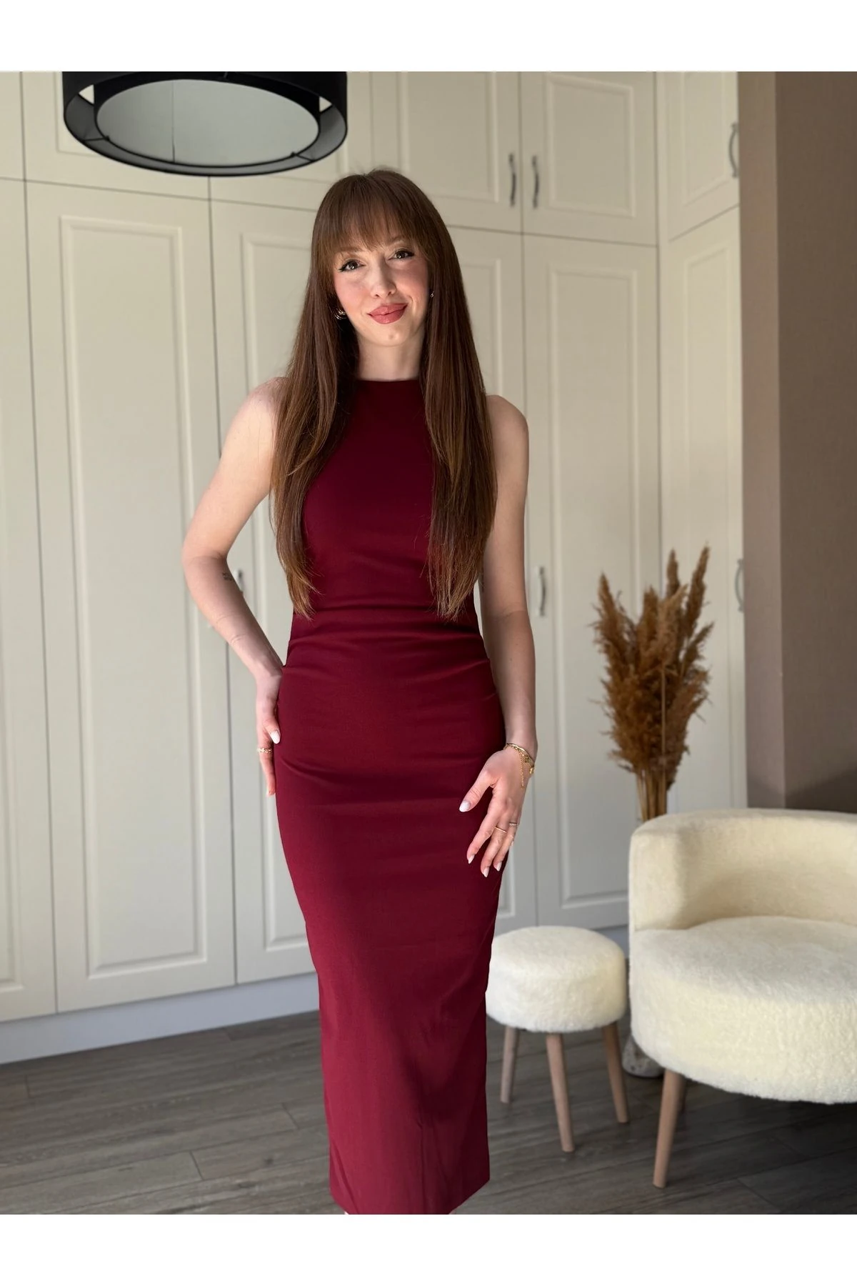 Drapeli Midi Askılı Sırt Detaylı Elbise
