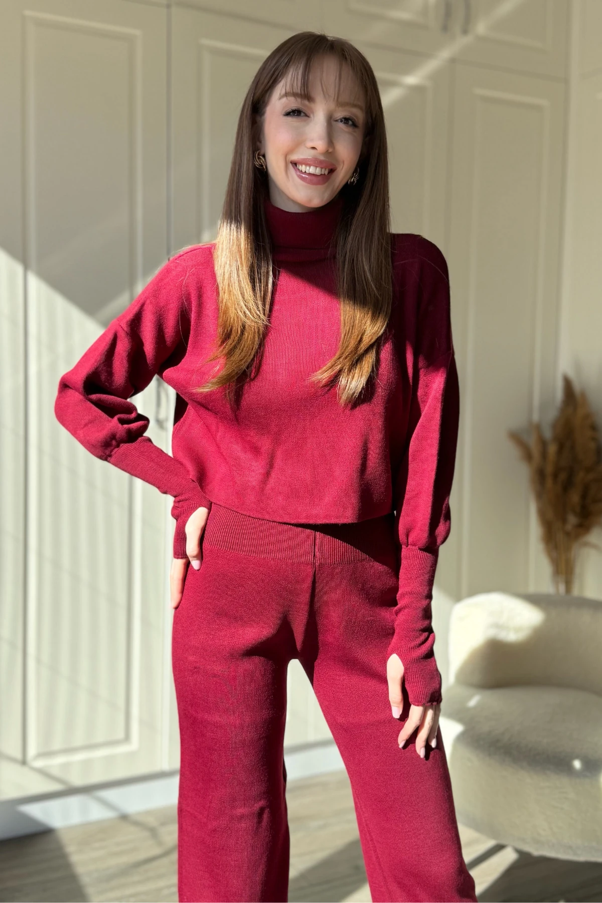 Boğazlı Kol Geçmeli Triko Bordo Takım