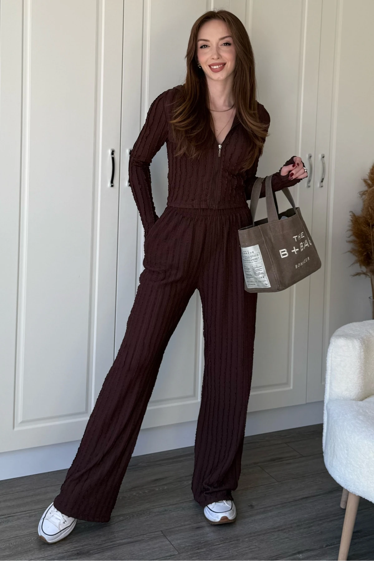 Fırfırlı Kapüşonlu Fermuarlı Crop Hırka Takım