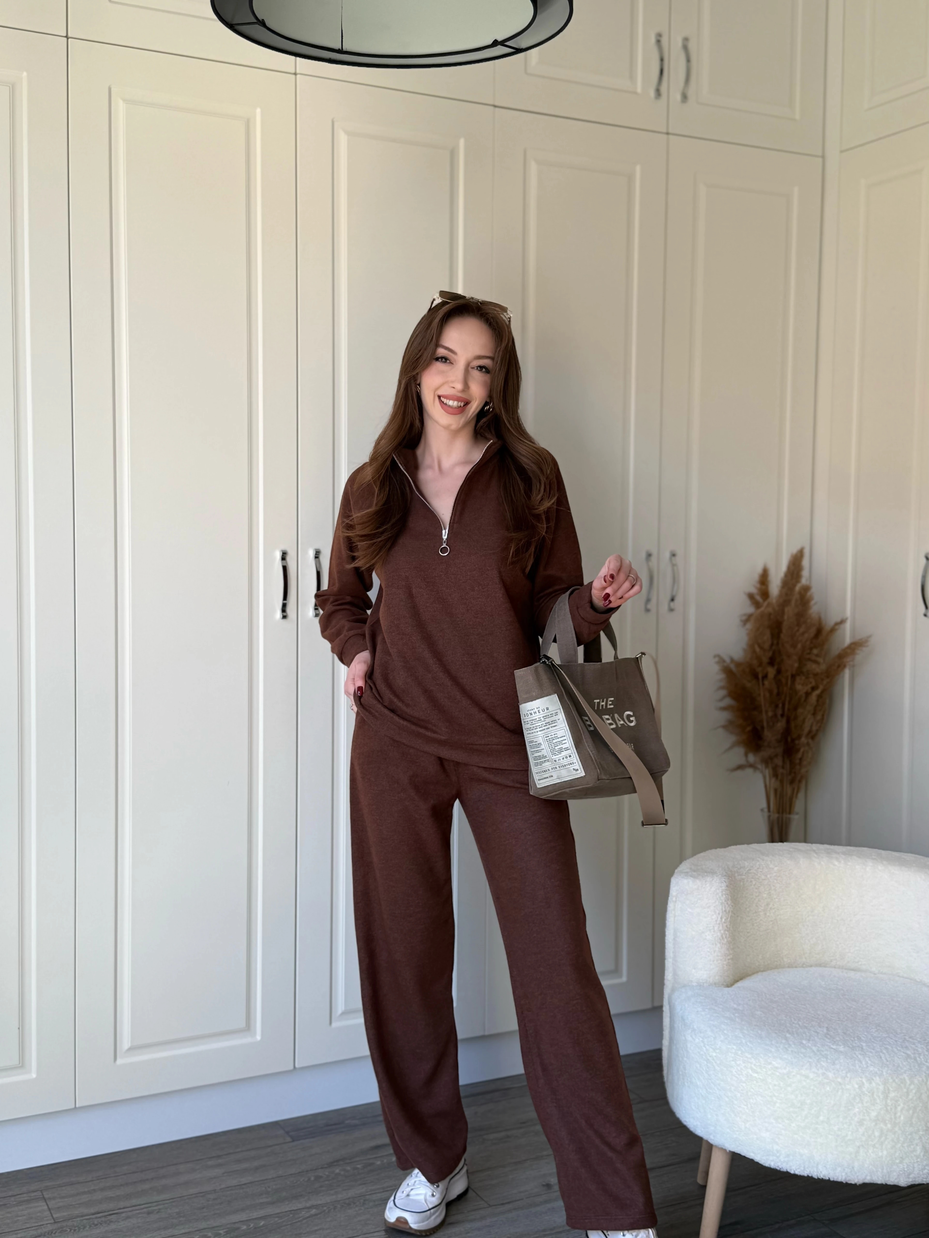 Fermuarlı Dik Yaka Selanik Kumaş Sweatshirt Takım