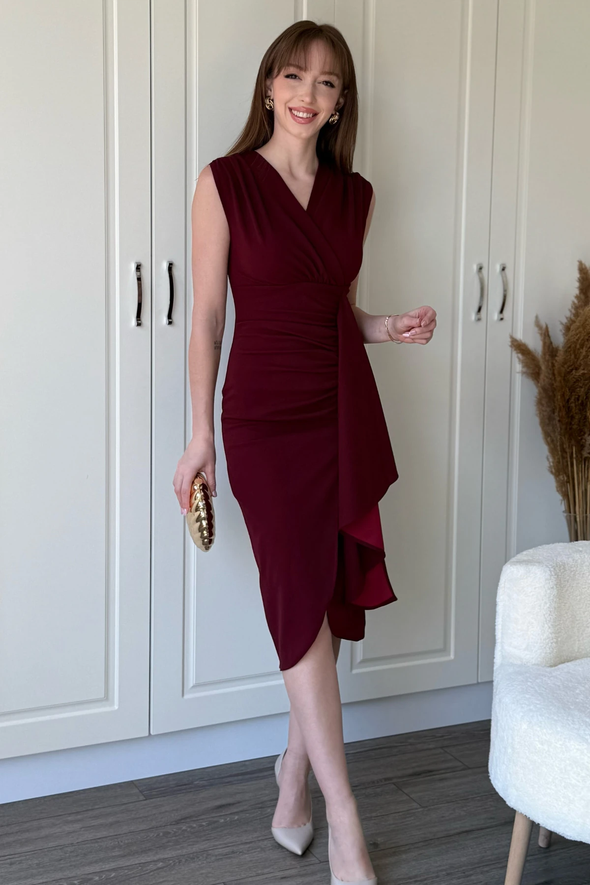 Fırfır Detaylı Kruvaze Yaka Midi Bordo Elbise