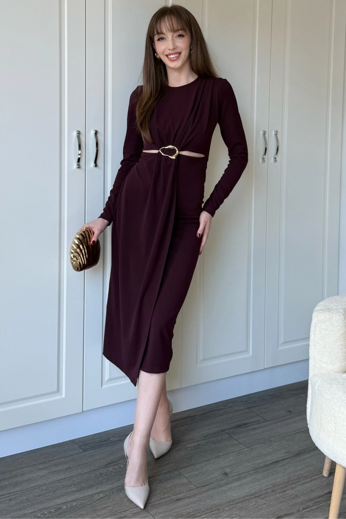 Bel Detaylı Uzun Kollu Midi Bordo Elbise