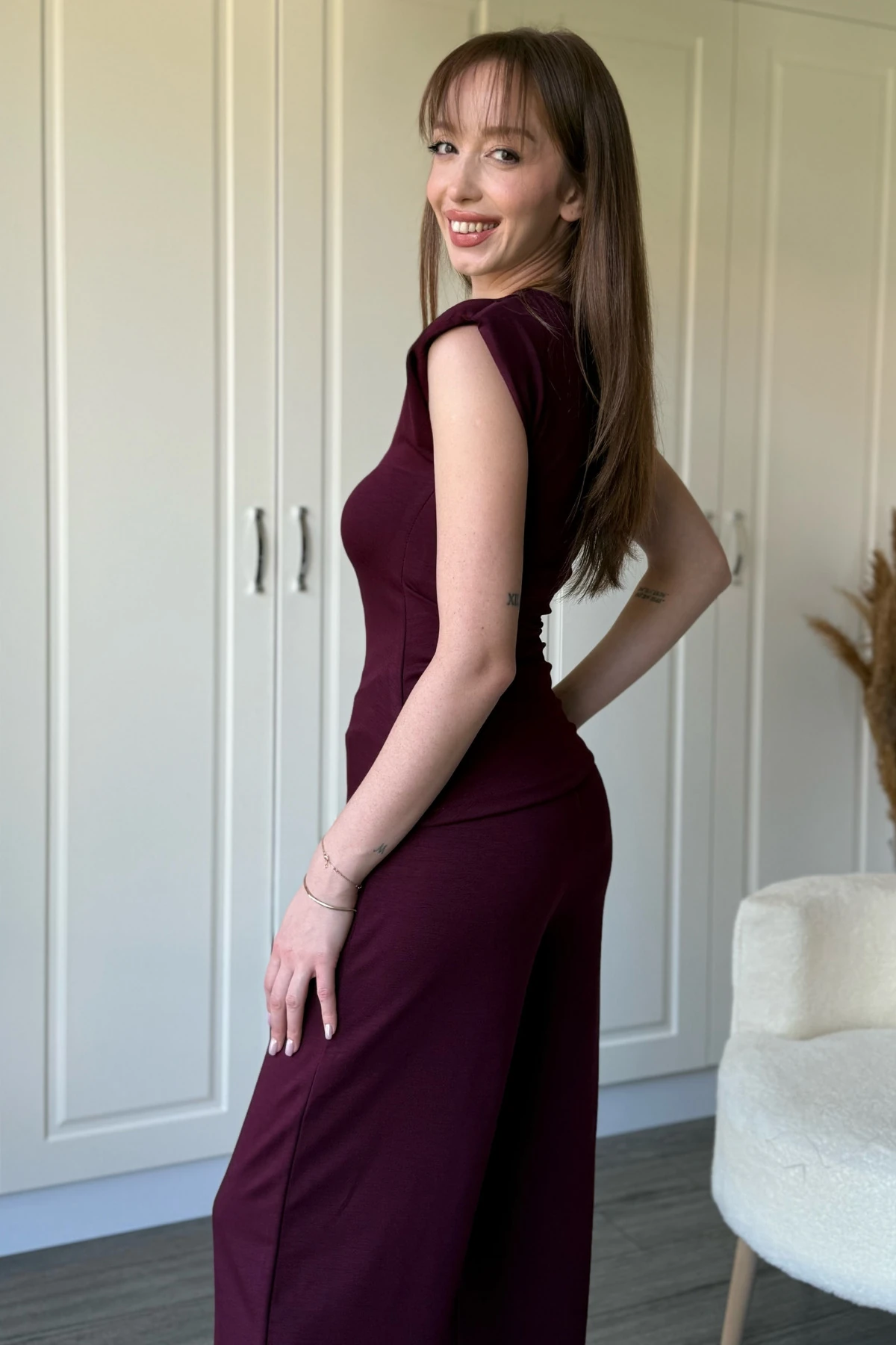 Bağlama Detaylı Vatkalı Pantolon Bluz Bordo Takım