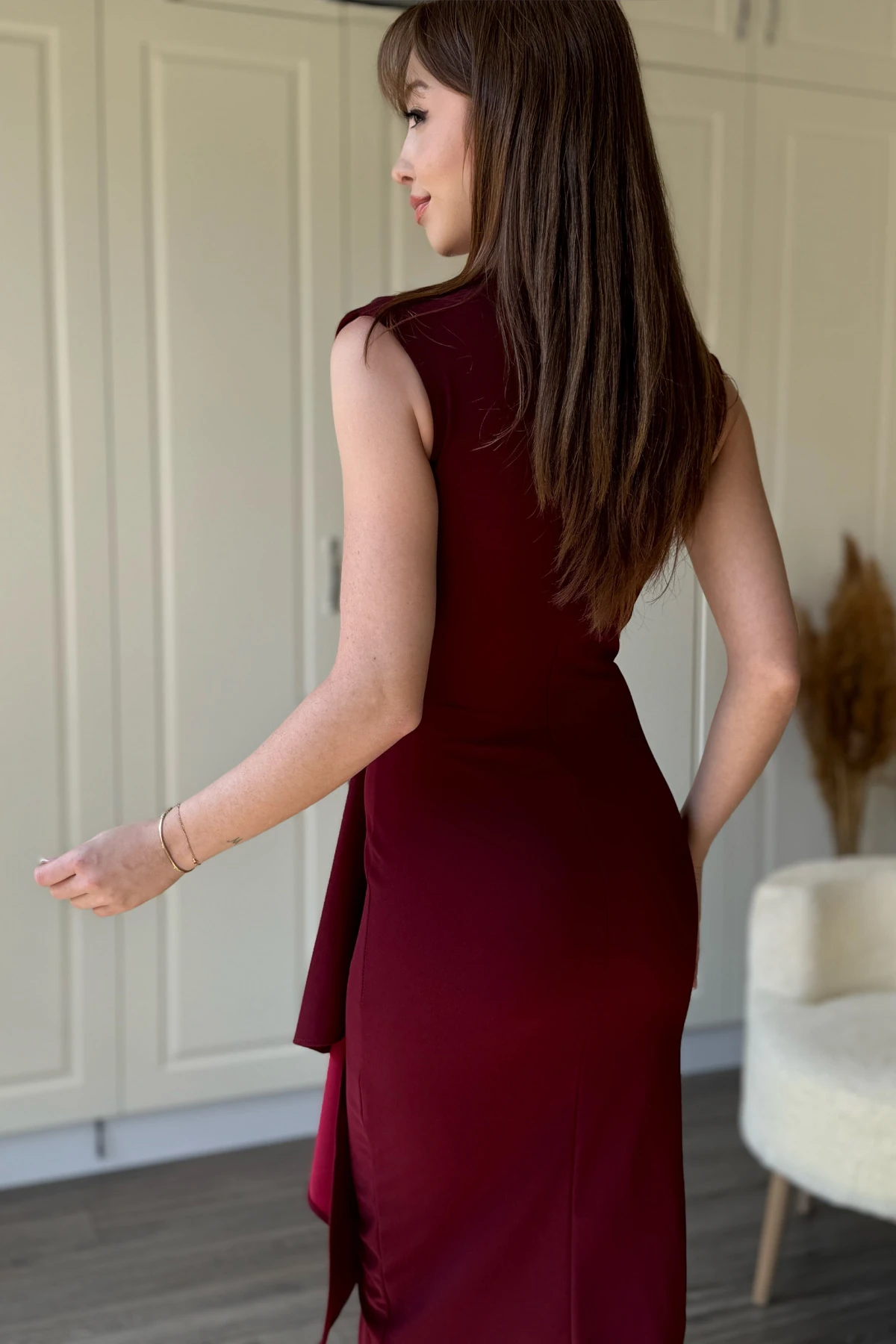 Fırfır Detaylı Kruvaze Yaka Midi Bordo Elbise