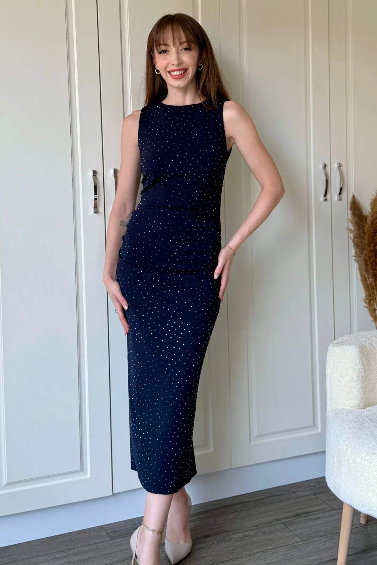 Drapeli Taşlı Midi Lacivert Elbise