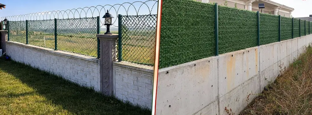 Sol tarafta piyasadaki uygun fiyatlı olup dökülme ve güneşte yanma oluşmuş standart çit uygulaması; sağ tarafta ise Çim Çit Deposu'nun yüksek kaliteli, tam mahremiyet sağlayan sık dokulu çim çit uygulaması yer almaktadır.