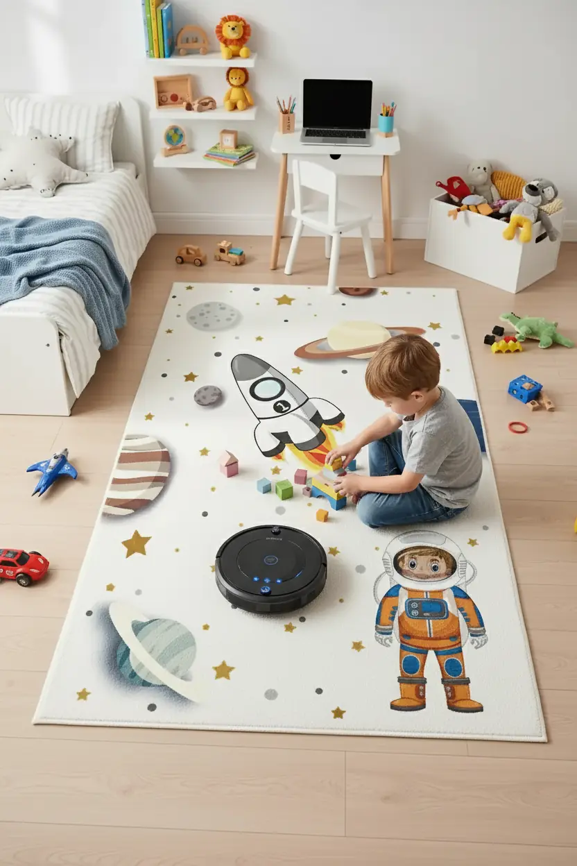 Astronot Ve Uzay Desenli Çocuk Halısı – Kaydırmaz Dot Taban, Dijital Baskı, Makinada Yıkanabilir Oyun Halısı (H-7063)