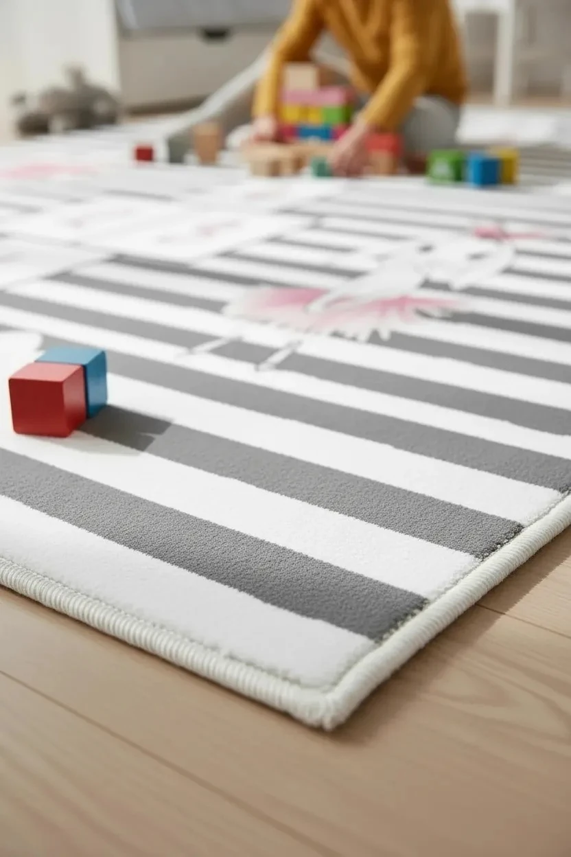 Balerin & Tavşan Desenli Çocuk Halısı – Kaydırmaz Dot Taban, Dijital Baskı, Makinada Yıkanabilir Oyun Halısı (O-1053)