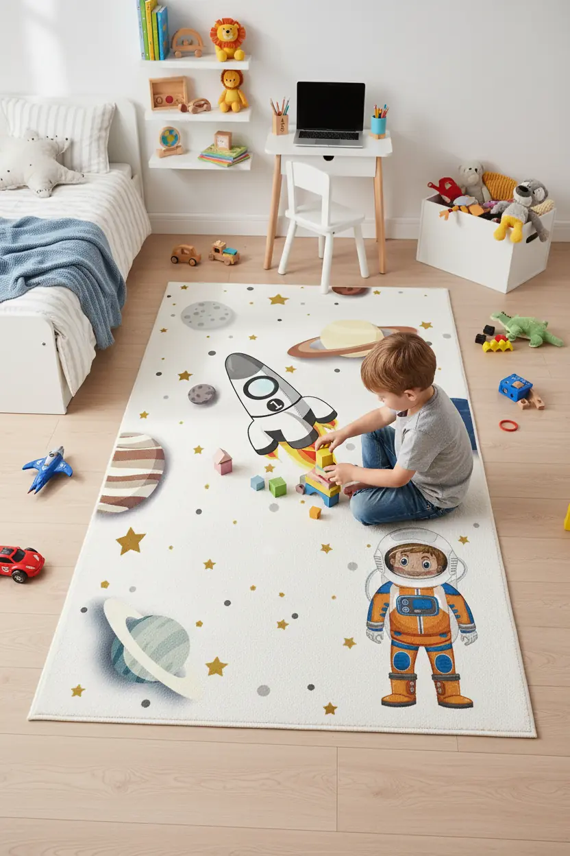 Astronot Ve Uzay Desenli Çocuk Halısı – Kaydırmaz Dot Taban, Dijital Baskı, Makinada Yıkanabilir Oyun Halısı (H-7063)