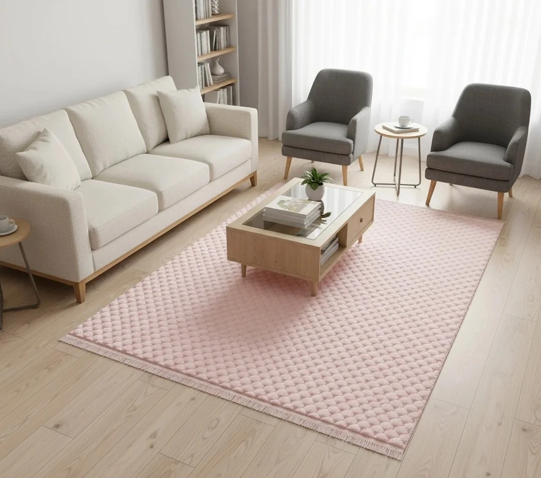 Kaydırmaz Taban Desenli Peluş Halı – Yumuşak Dokulu, Makinada Yıkanabilir, Toz Tutmaz, Modern Ev Halısı - Pudra