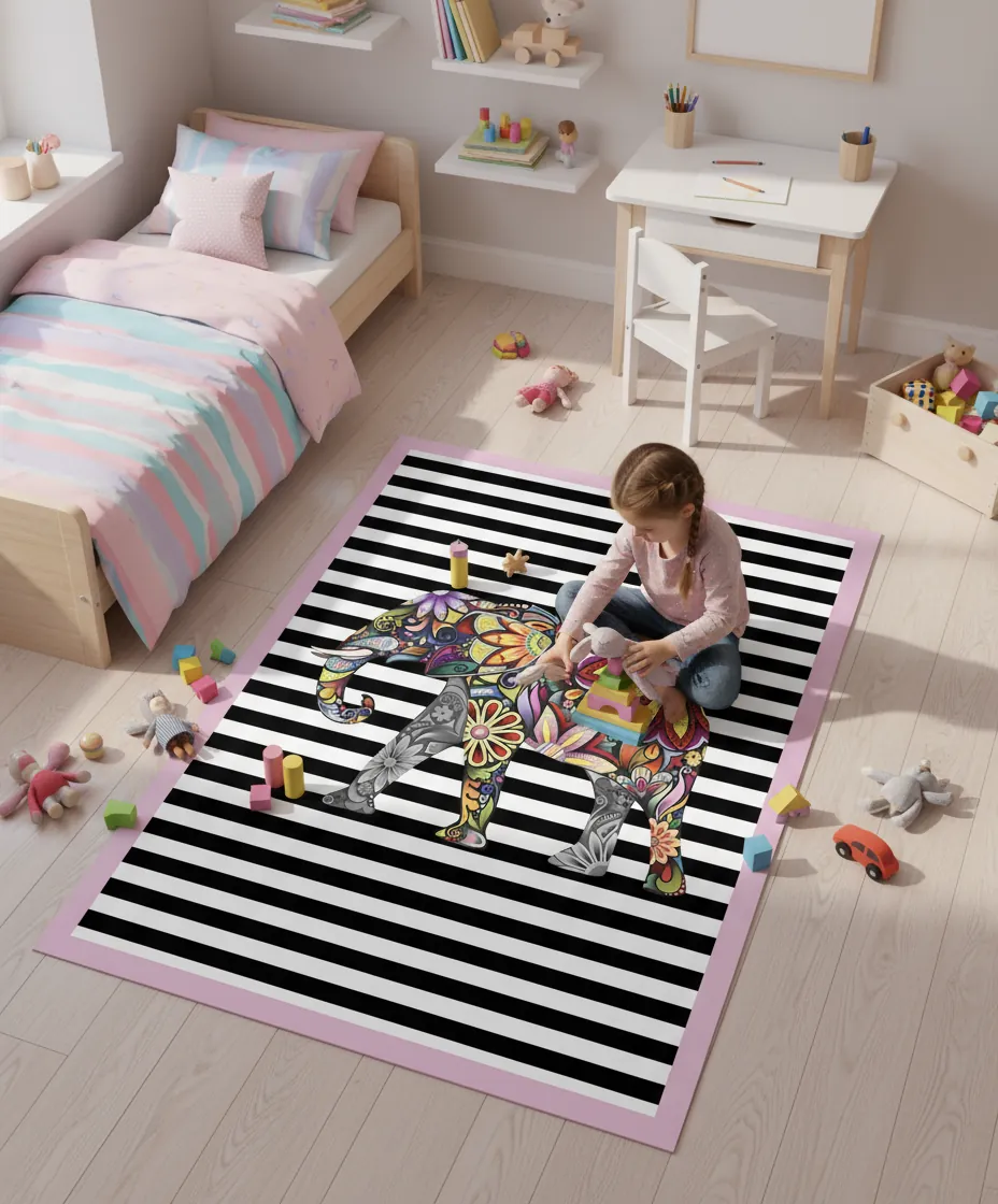 Renkli Fil Desenli Çocuk Halısı – Kaydırmaz Dot Taban, Dijital Baskı, Makinada Yıkanabilir Oyun Halısı (AO405)