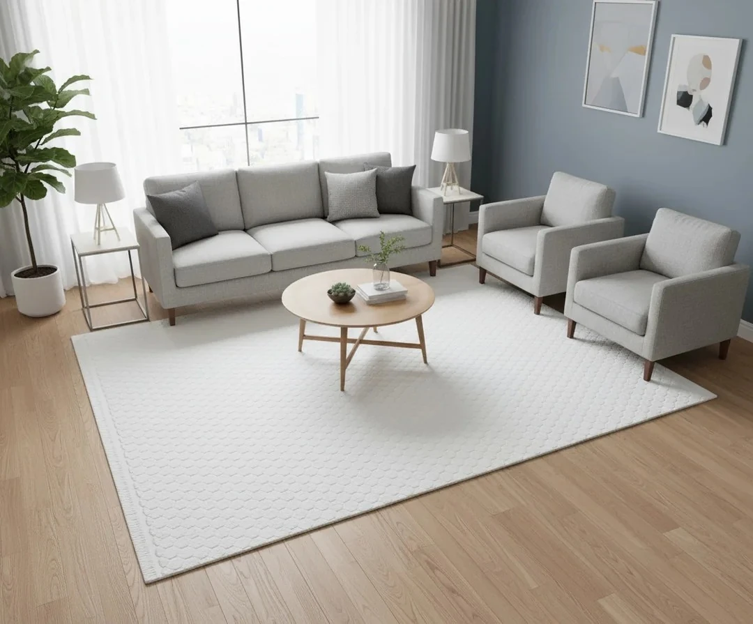 Kaydırmaz Taban Desenli Peluş Halı – Yumuşak Dokulu, Makinada Yıkanabilir, Toz Tutmaz, Modern Ev Halısı - Ekru