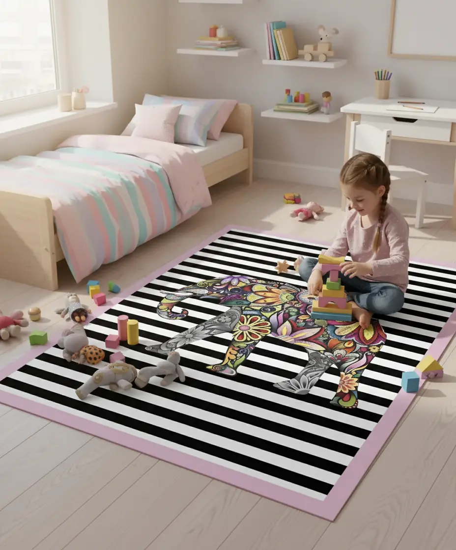 Renkli Fil Desenli Çocuk Halısı – Kaydırmaz Dot Taban, Dijital Baskı, Makinada Yıkanabilir Oyun Halısı (AO405)