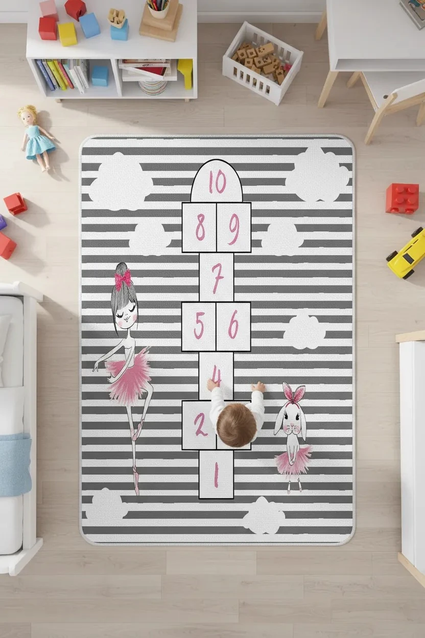 Balerin & Tavşan Desenli Çocuk Halısı – Kaydırmaz Dot Taban, Dijital Baskı, Makinada Yıkanabilir Oyun Halısı (O-1053)