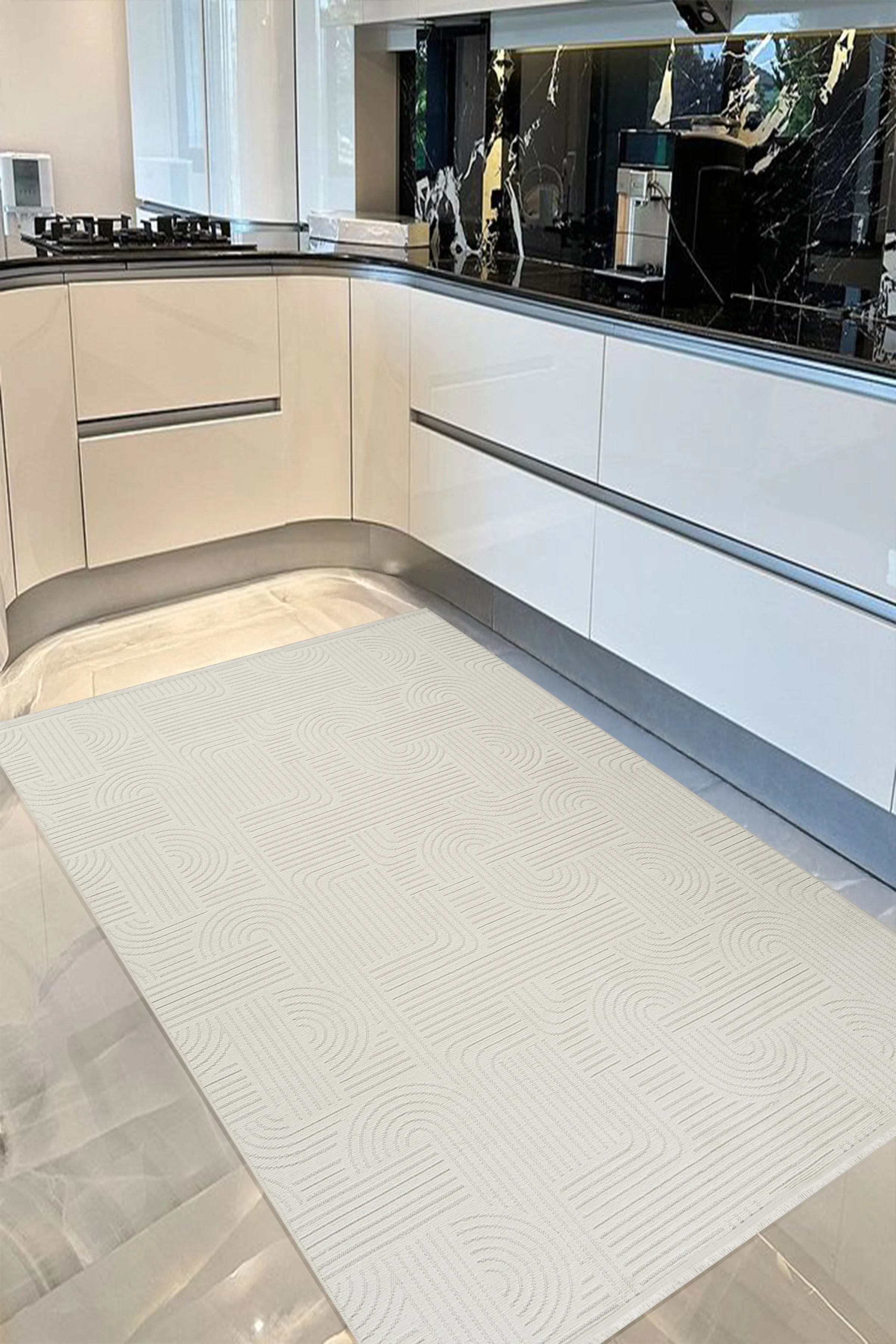 Kaydırmaz Bohem Kilim Makinada Yıkanabilir İnce Yumuşak Salon Koridor Mutfak Banyo Halısı - Krem