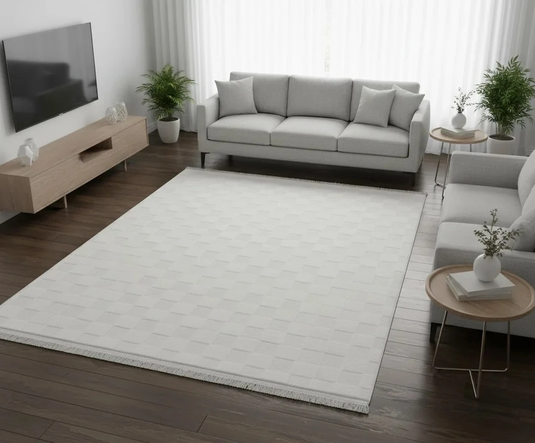 Kaydırmaz Taban Desenli Peluş Halı – Yumuşak Dokulu, Makinada Yıkanabilir, Toz Tutmaz, Modern Ev Halısı - Gri