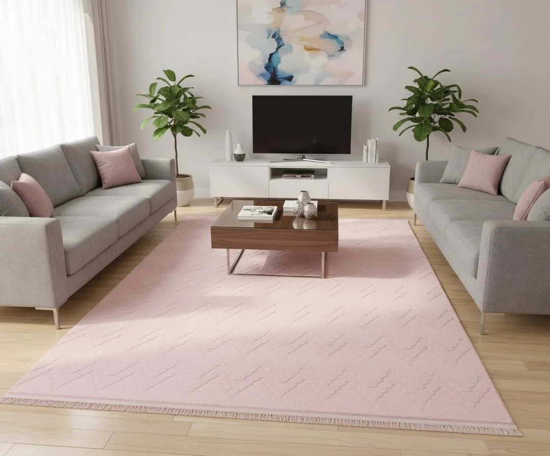 Kaydırmaz Taban Desenli Peluş Halı – Yumuşak Dokulu, Makinada Yıkanabilir, Toz Tutmaz, Modern Ev Halısı - Pudra