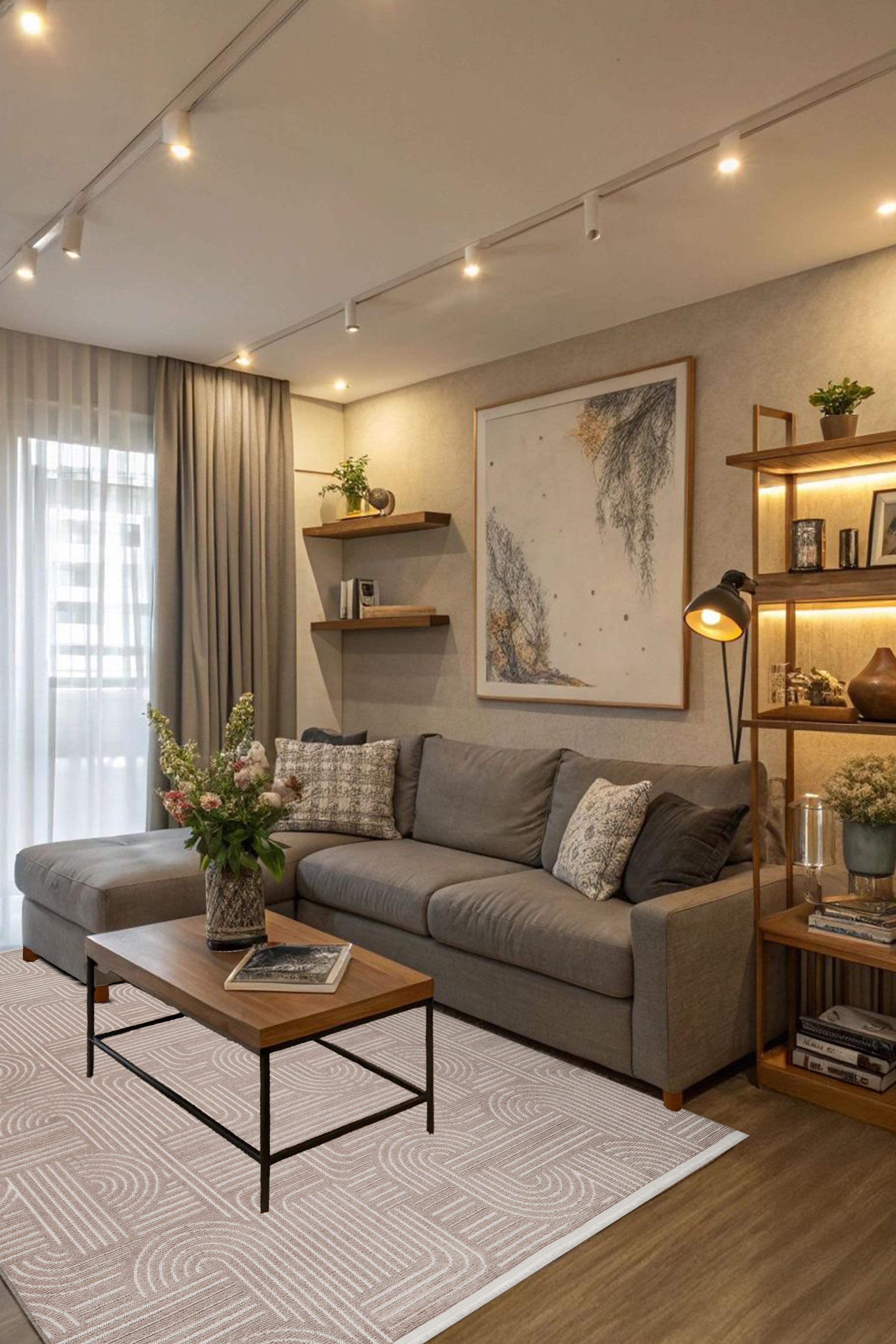 El Dokuma Görünümlü Modern Kilim Halı - Vizon