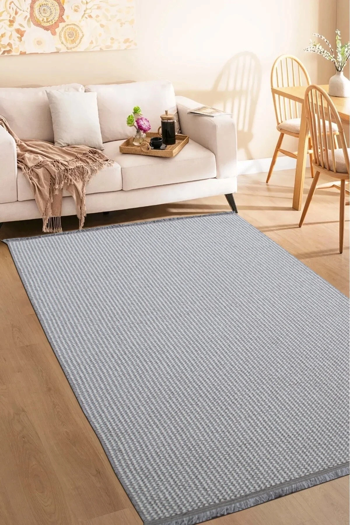 Natural Düz İskandinav Bukleli Yumuşak Dokulu Modern Salon Koridor Mutfak Çocuk Halısı - Gri-Beyaz