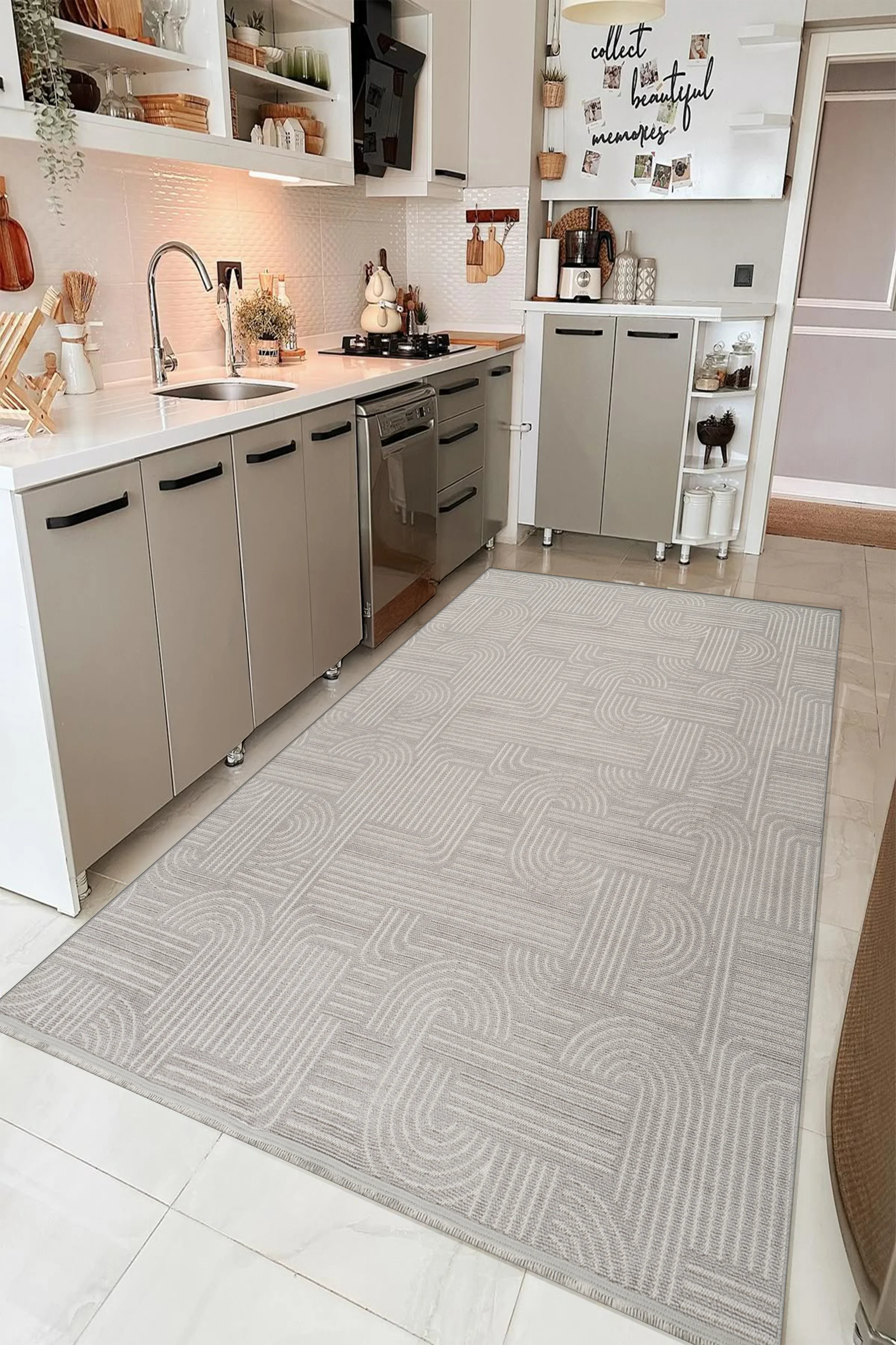 Kaydırmaz Bohem Kilim Makinada Yıkanabilir İnce Yumuşak Salon Koridor Mutfak Banyo Halısı - Gri