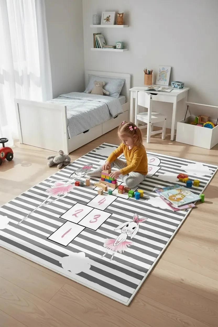 Balerin & Tavşan Desenli Çocuk Halısı – Kaydırmaz Dot Taban, Dijital Baskı, Makinada Yıkanabilir Oyun Halısı (O-1053)