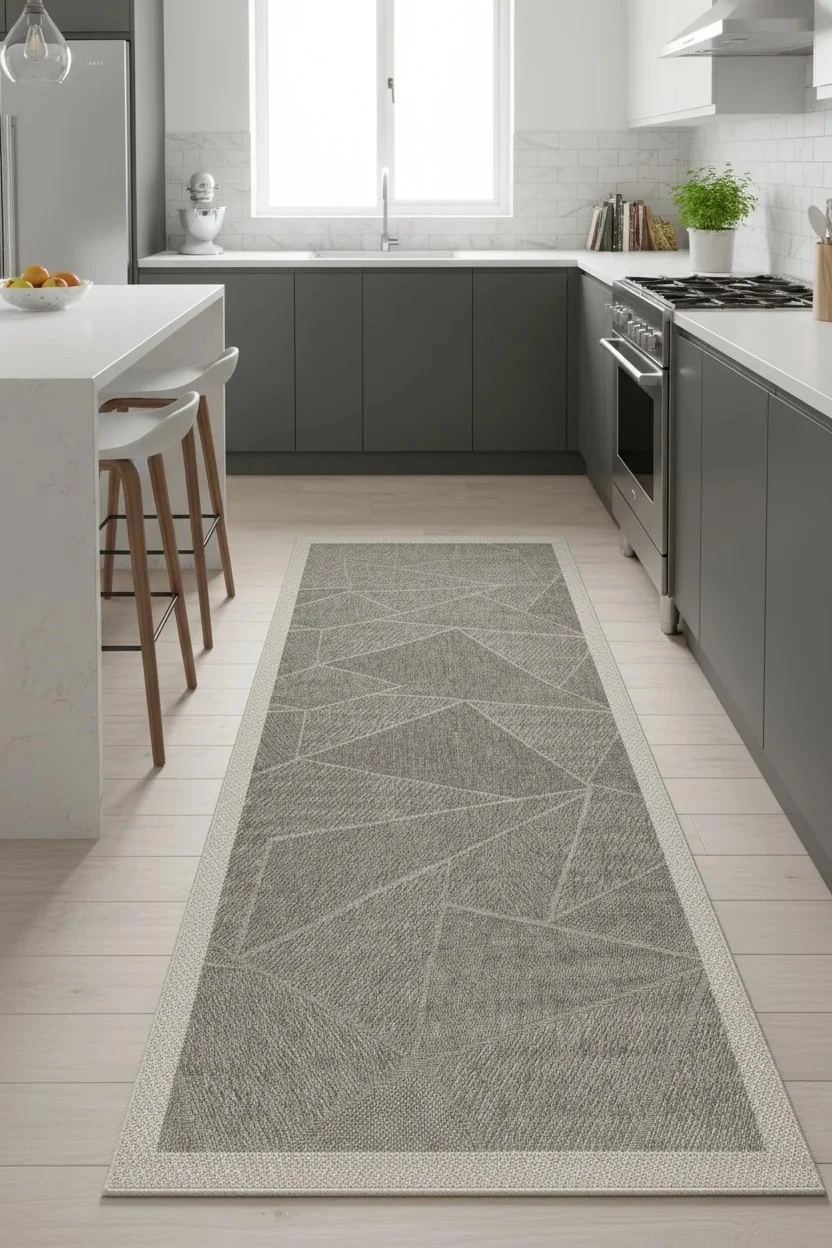 Jüt Sisal Halı Yolluk – Leke Tutmaz, Kaymaz Tabanlı, Bordürlü Mutfak ve Koridor Halısı - Antrasit-Gri