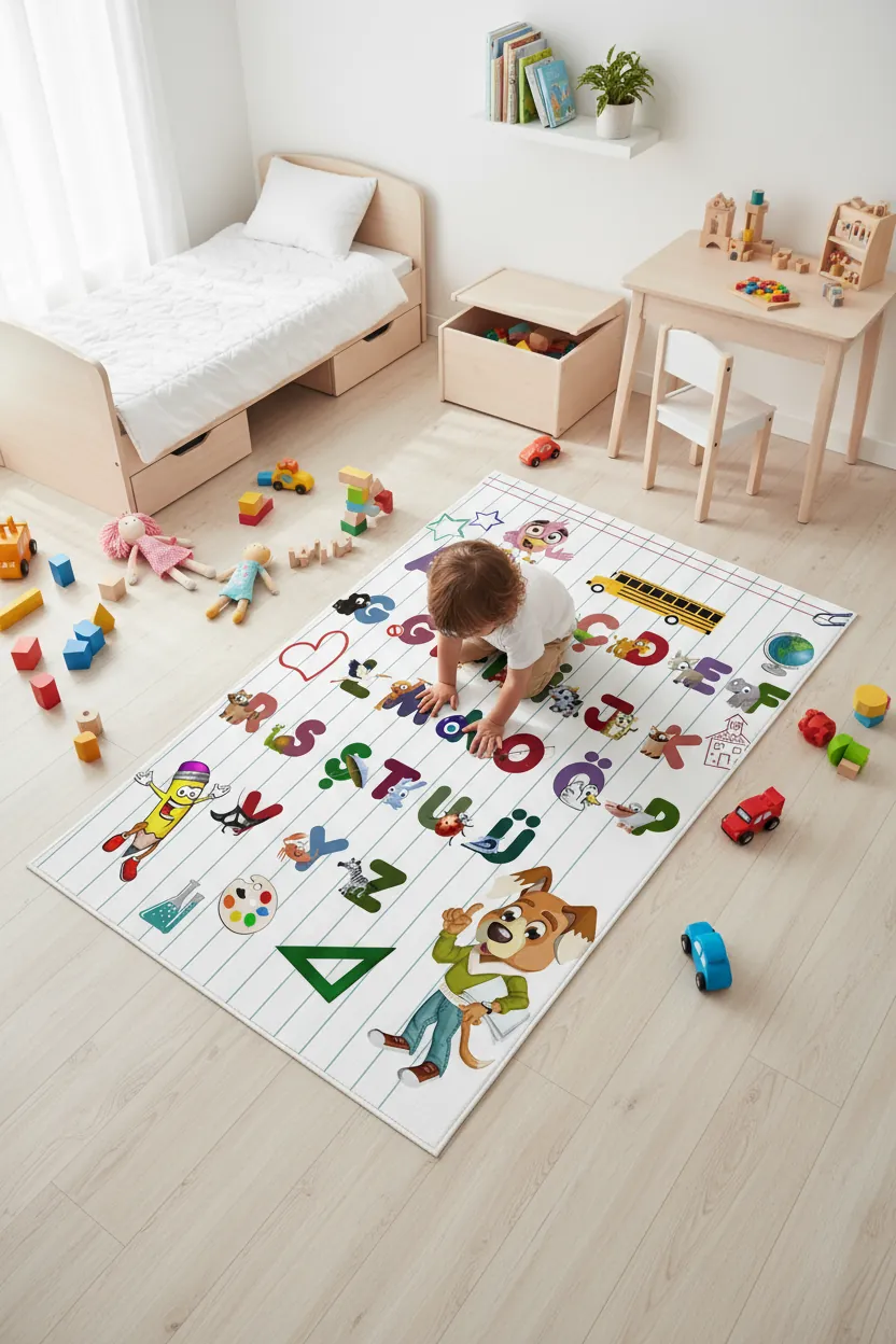 Alfabe Desenli Çocuk Halısı – Kaydırmaz Dot Taban, Dijital Baskı, Makinada Yıkanabilir Oyun Halısı (H-7064)