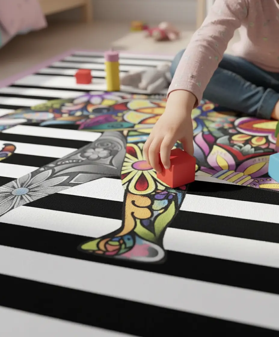 Renkli Fil Desenli Çocuk Halısı – Kaydırmaz Dot Taban, Dijital Baskı, Makinada Yıkanabilir Oyun Halısı (AO405)