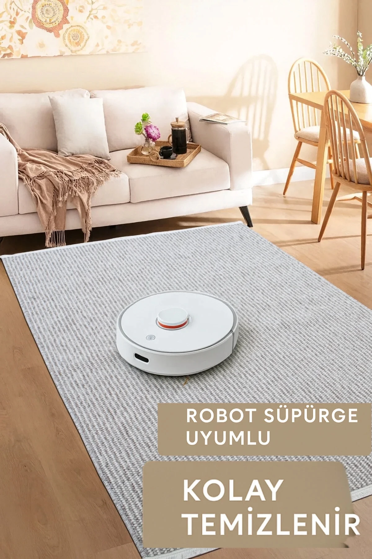 Natural Düz İskandinav Bukleli Yumuşak Dokulu Modern Salon Koridor Mutfak Çocuk Halısı - Bej-Beyaz