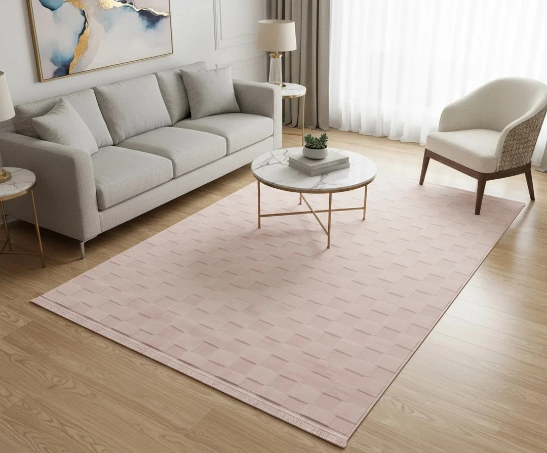 Kaydırmaz Taban Desenli Peluş Halı – Yumuşak Dokulu, Makinada Yıkanabilir, Toz Tutmaz, Modern Ev Halısı - Pudra
