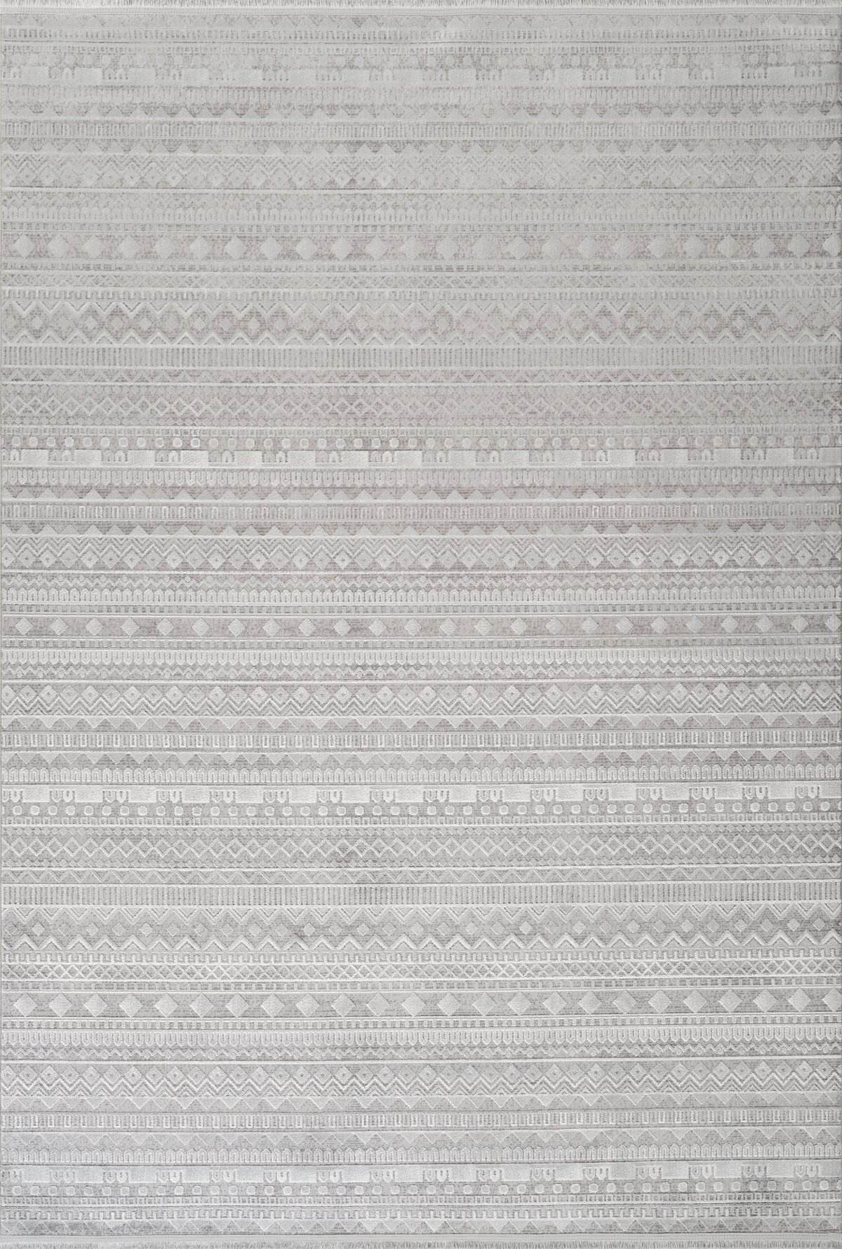 Kilim Desenli Kadife Kesme Halı – Bej & Beyaz & Gri Renk, Kaymaz Tabanlı, Yıkanabilir Halı
