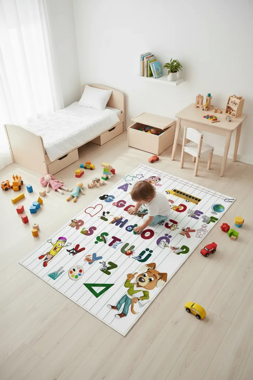 Alfabe Desenli Çocuk Halısı – Kaydırmaz Dot Taban, Dijital Baskı, Makinada Yıkanabilir Oyun Halısı (H-7064)