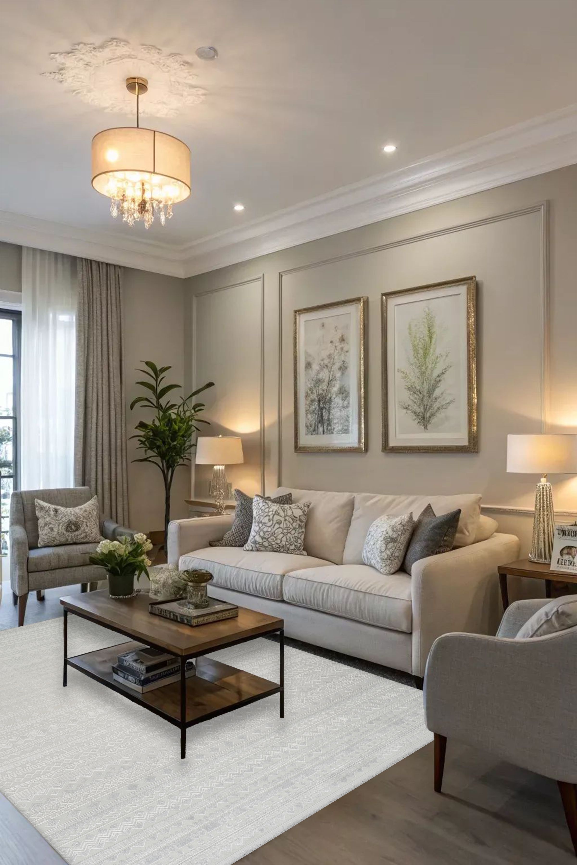 Kilim Desenli Kadife Kesme Halı – Bej & Beyaz & Gri Renk, Kaymaz Tabanlı, Yıkanabilir Halı - Beyaz